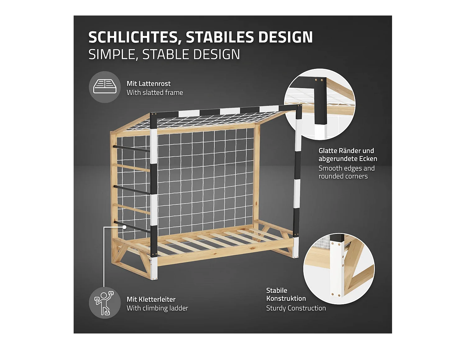 Lit d'enfant 80x160 cm avec matelas H10 cm en mousse cadre blanc noir en bois design football pin massif robuste avec sommier à lattes et filet de but