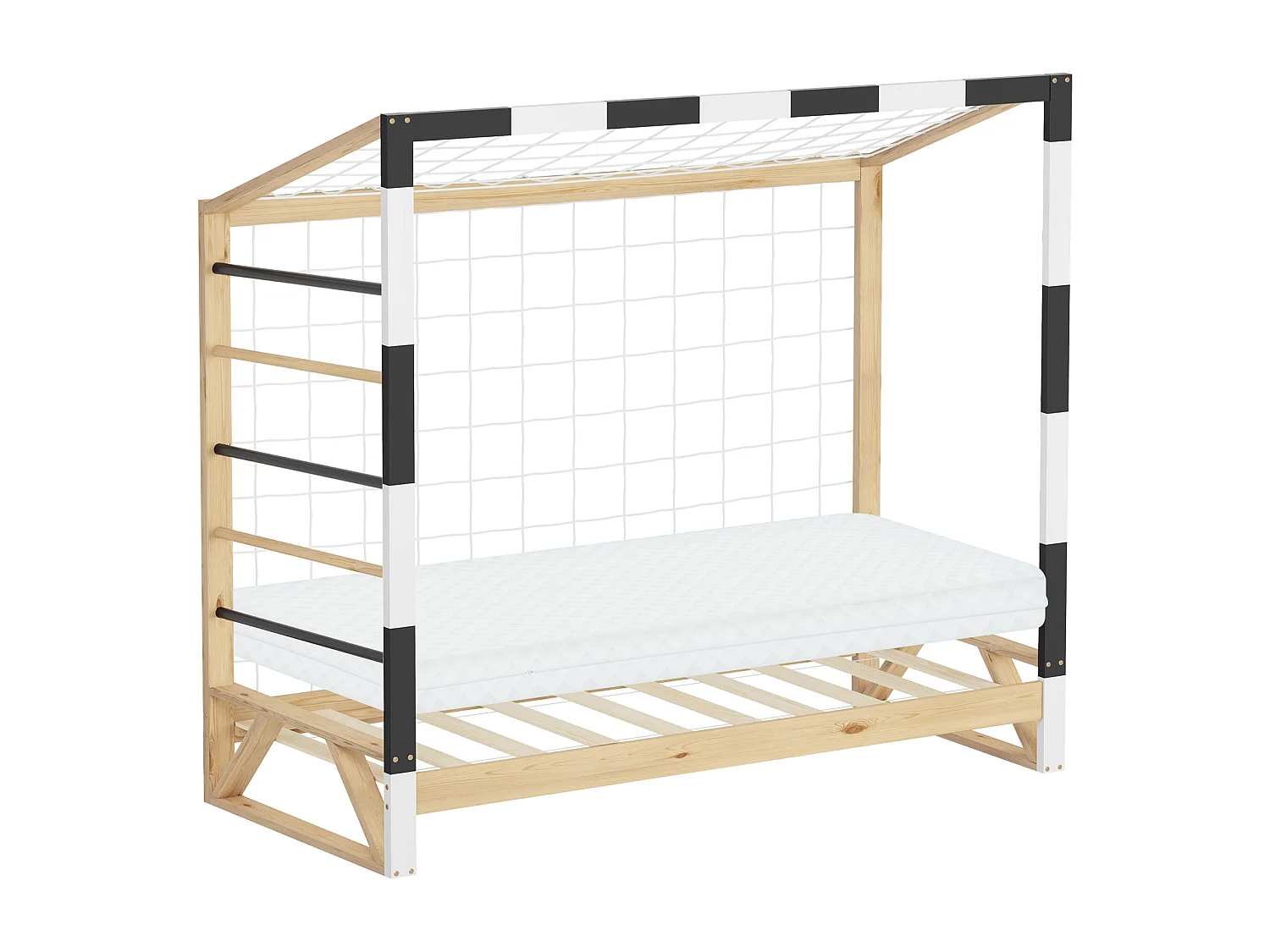 Lit d'enfant 80x160 cm avec matelas H10 cm en mousse cadre blanc noir en bois design football pin massif robuste avec sommier à lattes et filet de but