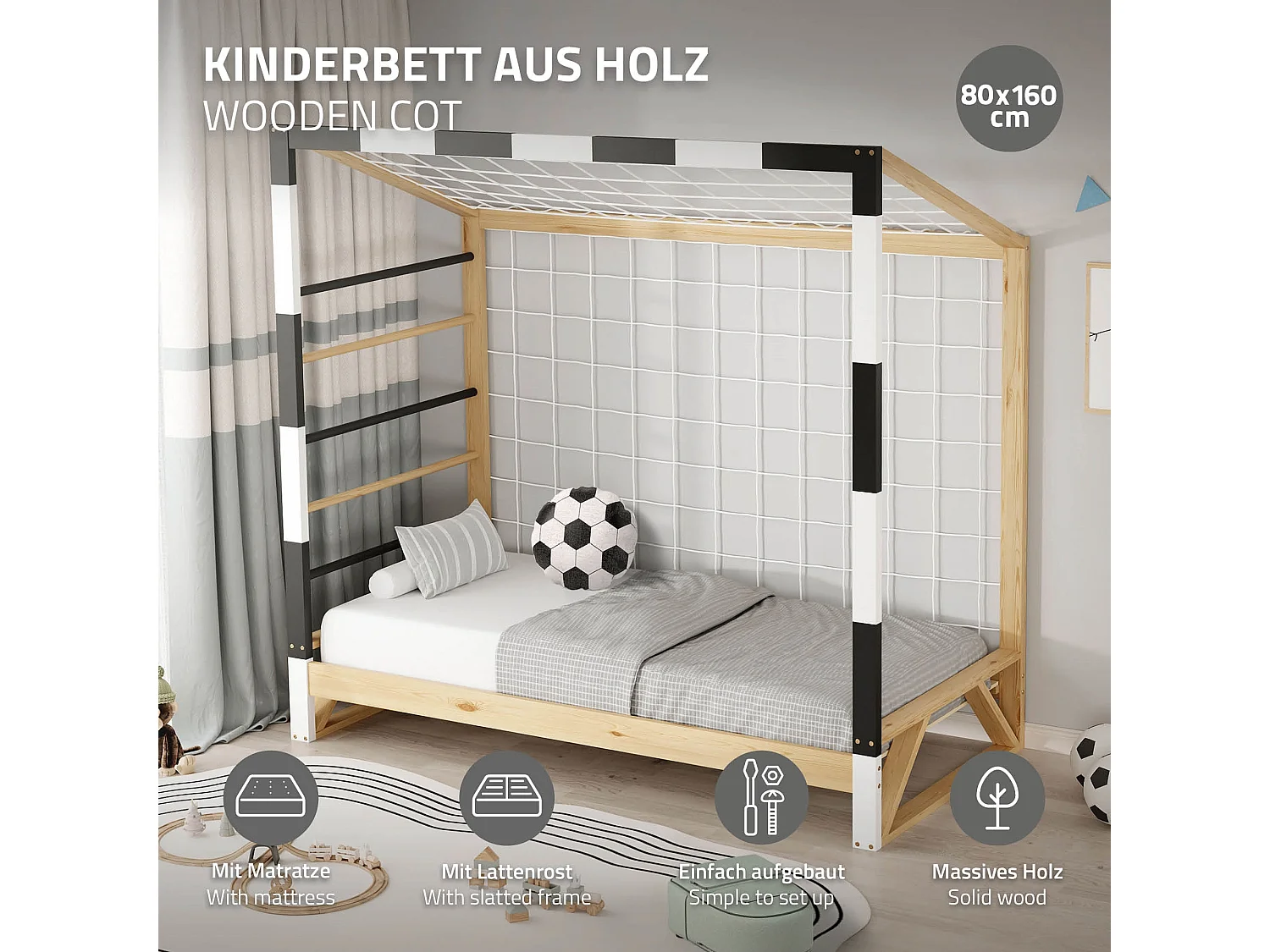 Lit d'enfant 80x160 cm avec matelas H10 cm en mousse cadre blanc noir en bois design football pin massif robuste avec sommier à lattes et filet de but