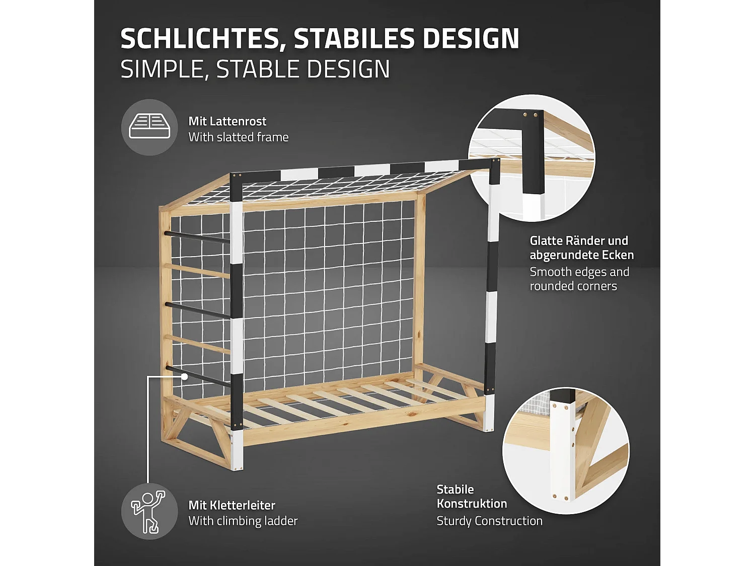 Lit d'enfant 80x160 cm avec matelas H10 cm en mousse cadre blanc noir en bois design football pin massif robuste avec sommier à lattes et filet de but