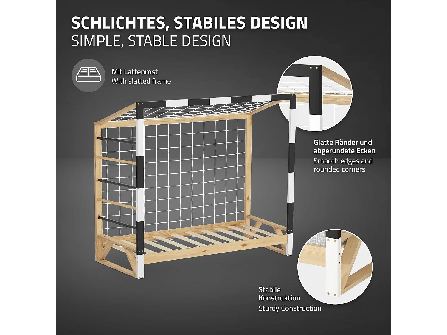 Lit d'enfant 80x160 cm avec matelas H10 cm en mousse cadre blanc noir en bois design football pin massif robuste avec sommier à lattes et filet de but