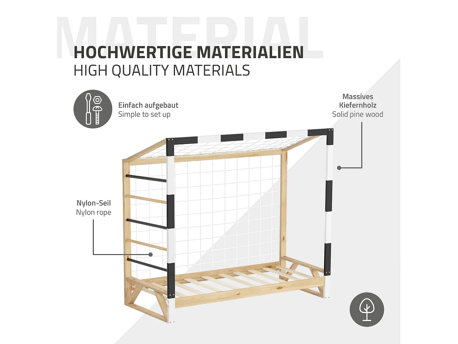 Lit d'enfant 80x160 cm avec matelas H10 cm en mousse cadre blanc noir en bois design football pin massif robuste avec sommier à lattes et filet de but