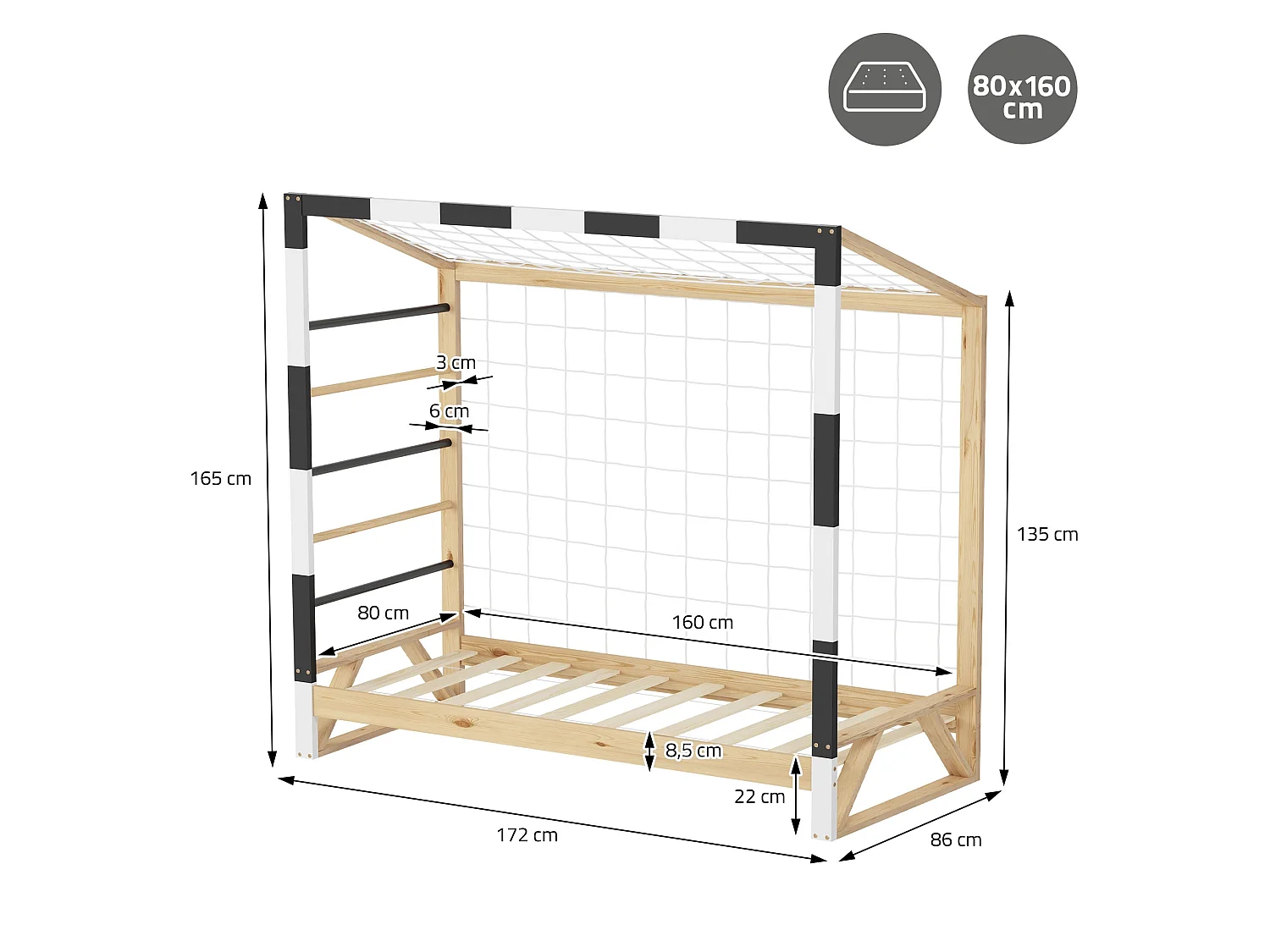 Lit d'enfant 80x160 cm avec matelas H10 cm en mousse cadre blanc noir en bois design football pin massif robuste avec sommier à lattes et filet de but
