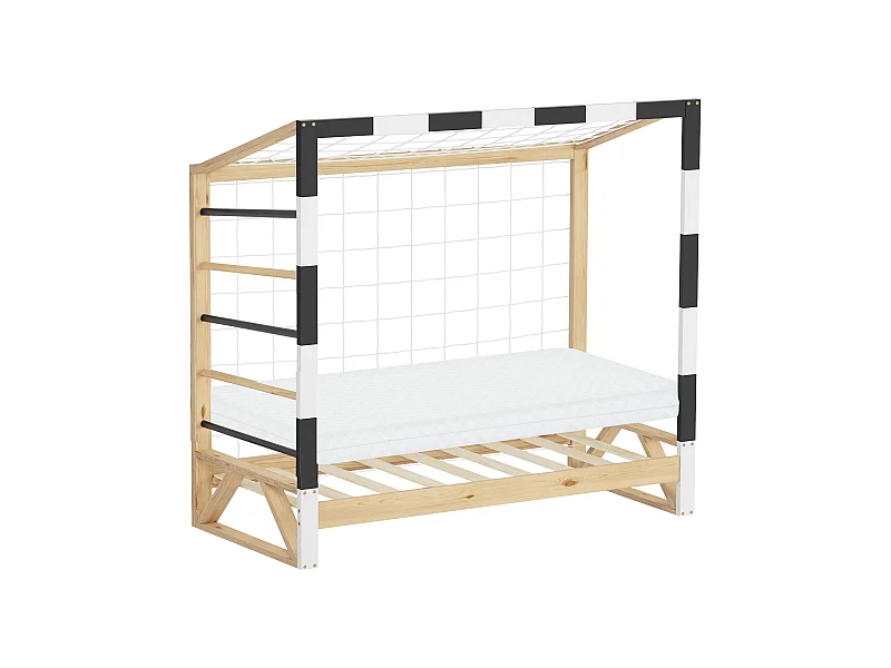 ML-Design Cama infantil 70x140 cm de madera + colchón, forma de portería de fútbol con escalera de trepar, cuna individual para niño con somier y red