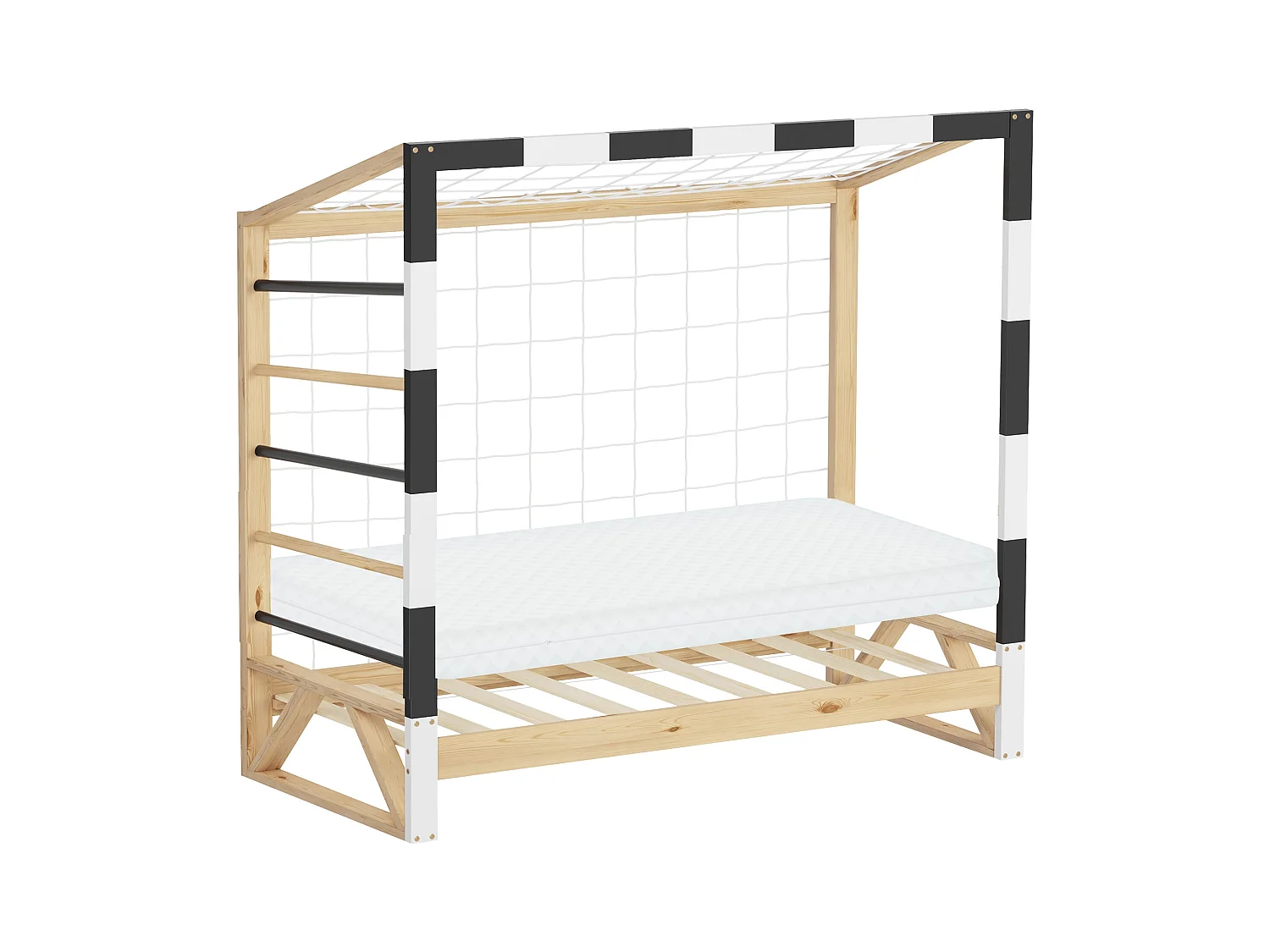 Lit d'enfant 70x140 cm avec matelas H10 cm en mousse cadre blanc noir en bois design football pin massif robuste avec sommier à lattes et filet de but