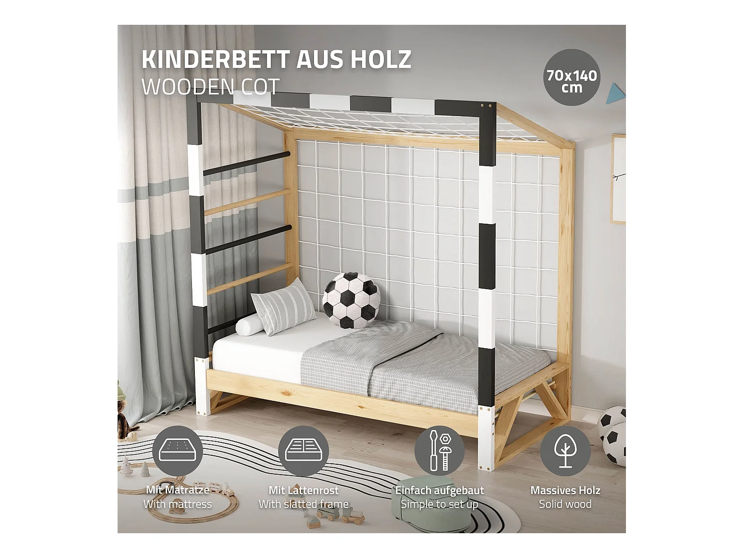 Lit d'enfant 70x140 cm avec matelas H10 cm en mousse cadre blanc noir en bois design football pin massif robuste avec sommier à lattes et filet de but