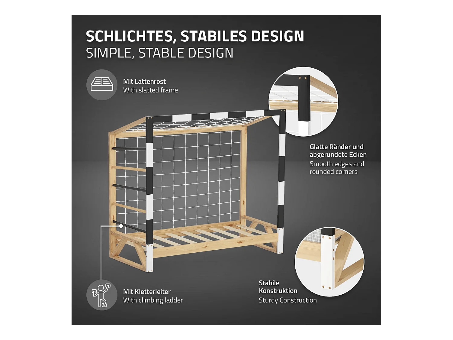 Lit d'enfant 70x140 cm avec matelas H10 cm en mousse cadre blanc noir en bois design football pin massif robuste avec sommier à lattes et filet de but