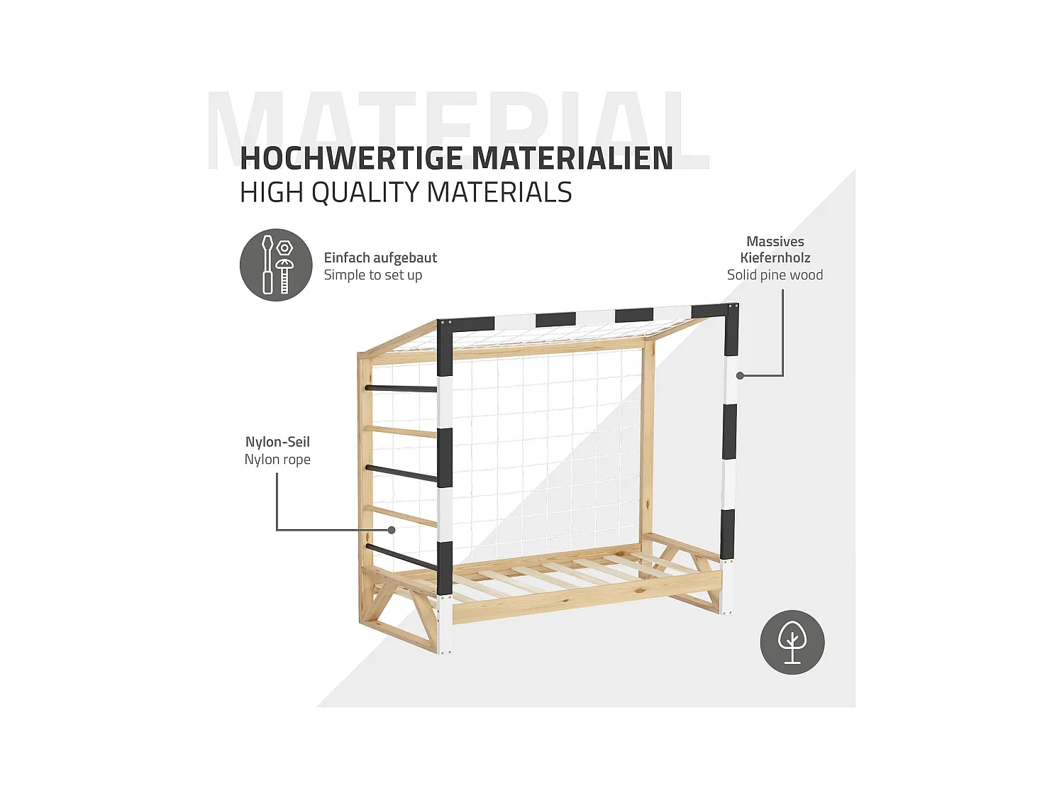 Lit d'enfant 70x140 cm avec matelas H10 cm en mousse cadre blanc noir en bois design football pin massif robuste avec sommier à lattes et filet de but