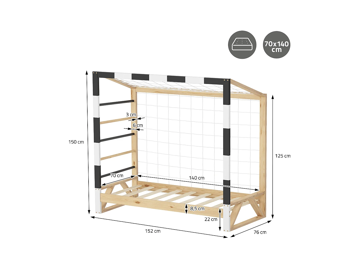 Lit d'enfant 70x140 cm avec matelas H10 cm en mousse cadre blanc noir en bois design football pin massif robuste avec sommier à lattes et filet de but