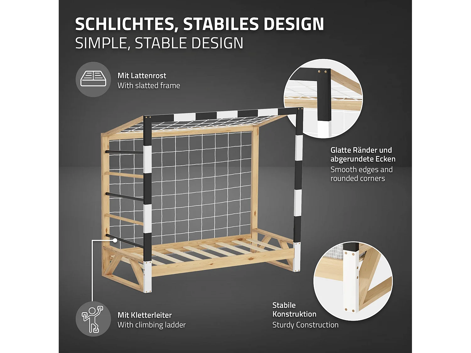 Lit d'enfant 70x140 cm avec matelas H10 cm en mousse cadre blanc noir en bois design football pin massif robuste avec sommier à lattes et filet de but