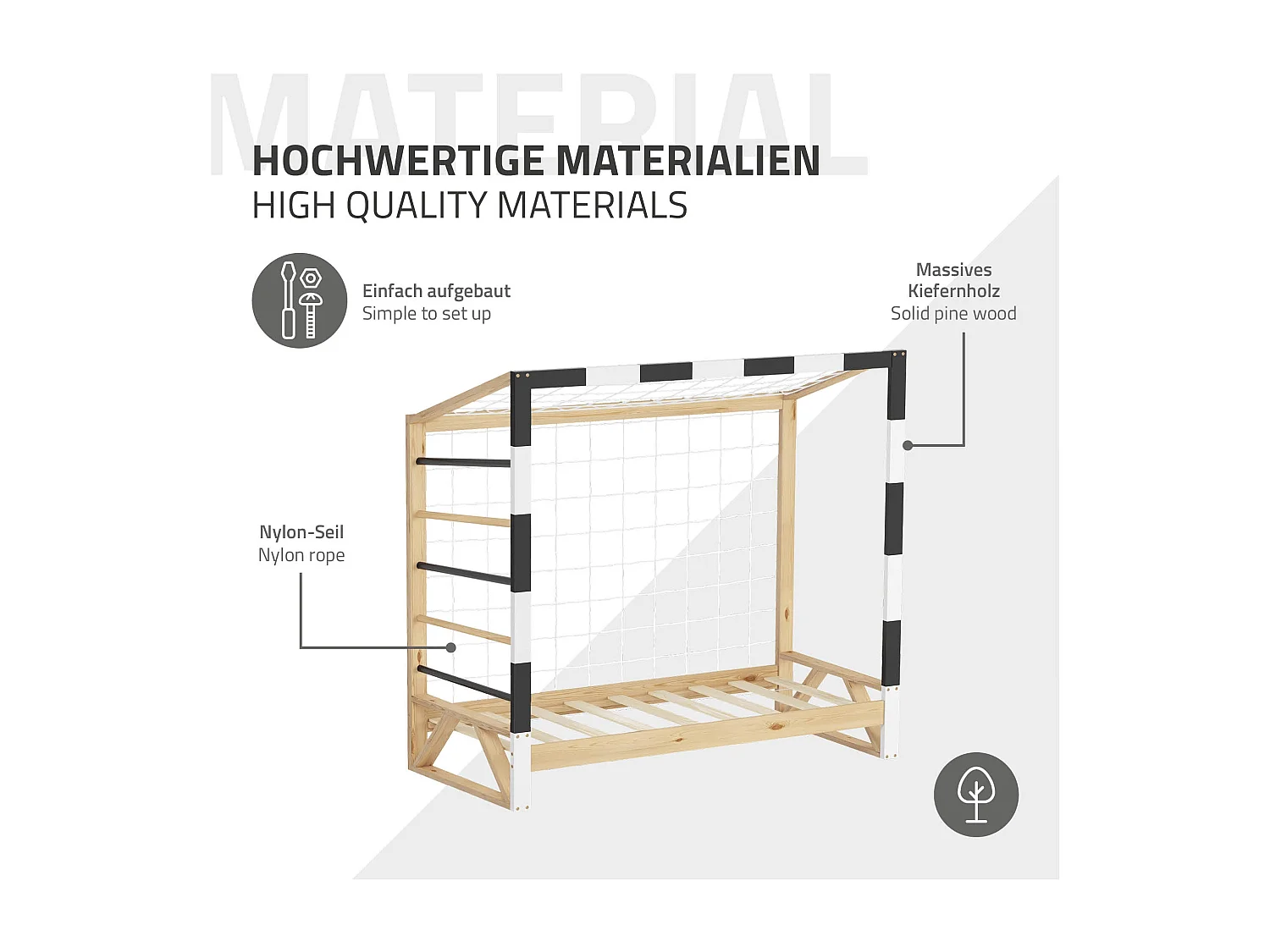 Lit d'enfant 70x140 cm avec matelas H10 cm en mousse cadre blanc noir en bois design football pin massif robuste avec sommier à lattes et filet de but