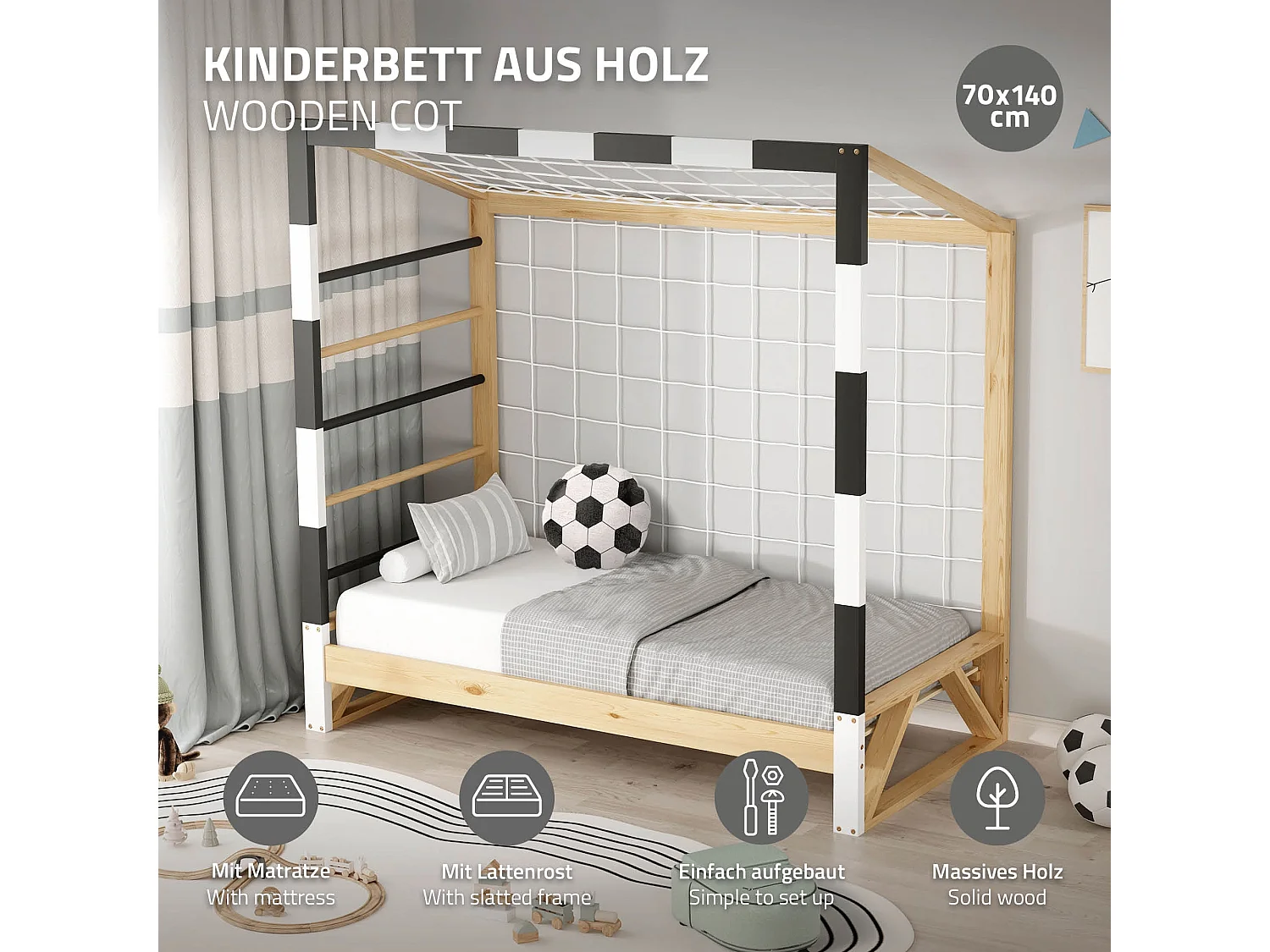 Lit d'enfant 70x140 cm avec matelas H10 cm en mousse cadre blanc noir en bois design football pin massif robuste avec sommier à lattes et filet de but