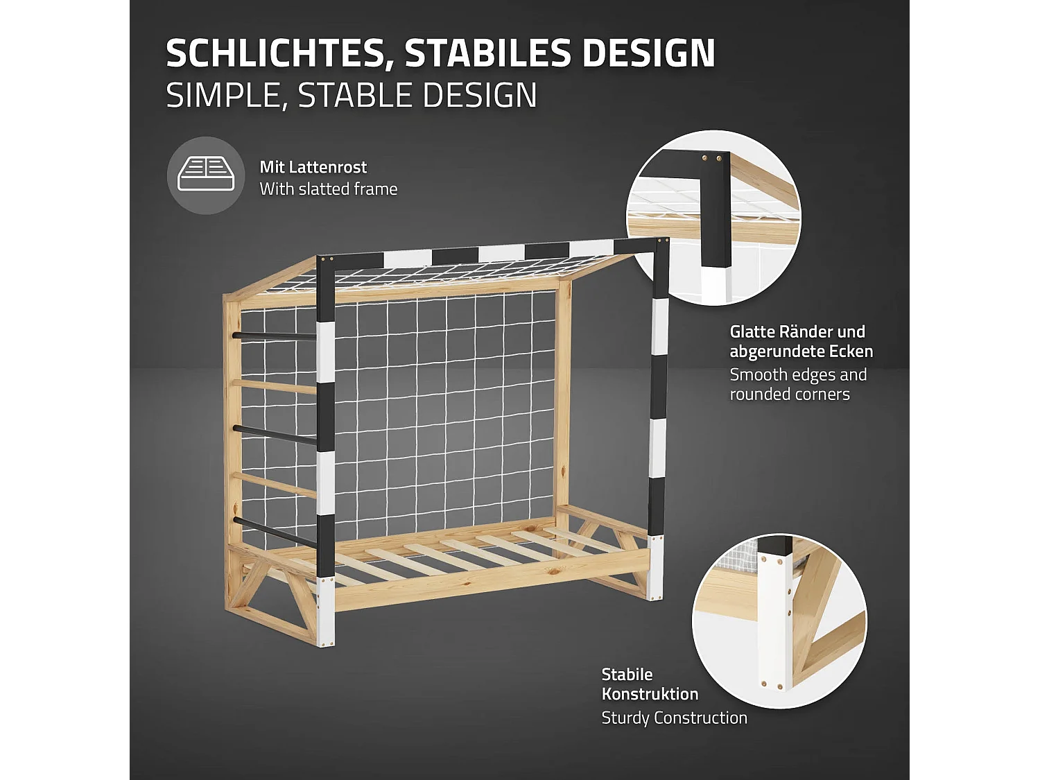 Lit d'enfant 70x140 cm avec matelas H10 cm en mousse cadre blanc noir en bois design football pin massif robuste avec sommier à lattes et filet de but