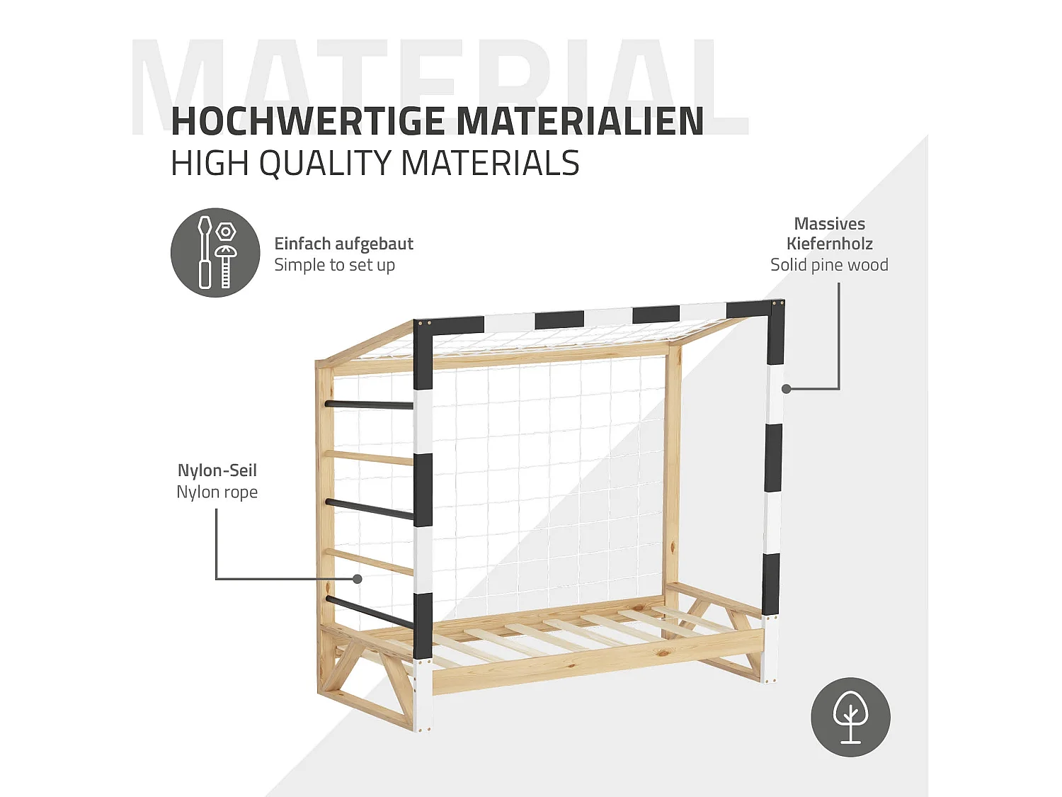 Lit d'enfant 70x140 cm avec matelas H10 cm en mousse cadre blanc noir en bois design football pin massif robuste avec sommier à lattes et filet de but