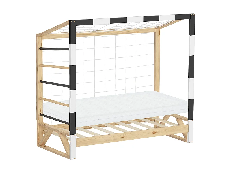Lit d'enfant 70x140 cm avec matelas H10 cm en mousse cadre blanc noir en bois design football pin massif robuste avec sommier à lattes et filet de but