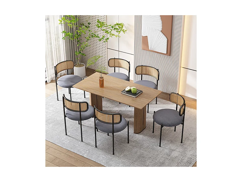 6 Pcs chaises en velours et rotin - pieds en métal - charge max 150kg - 45x40x75cm - Gris