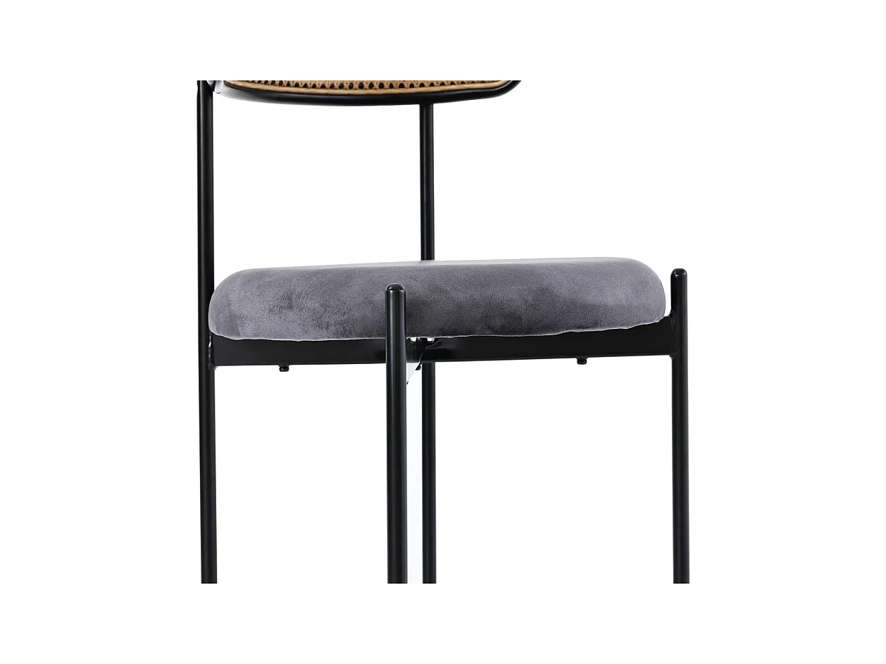 6 Pcs chaises en velours et rotin - pieds en métal - charge max 150kg - 45x40x75cm - Gris