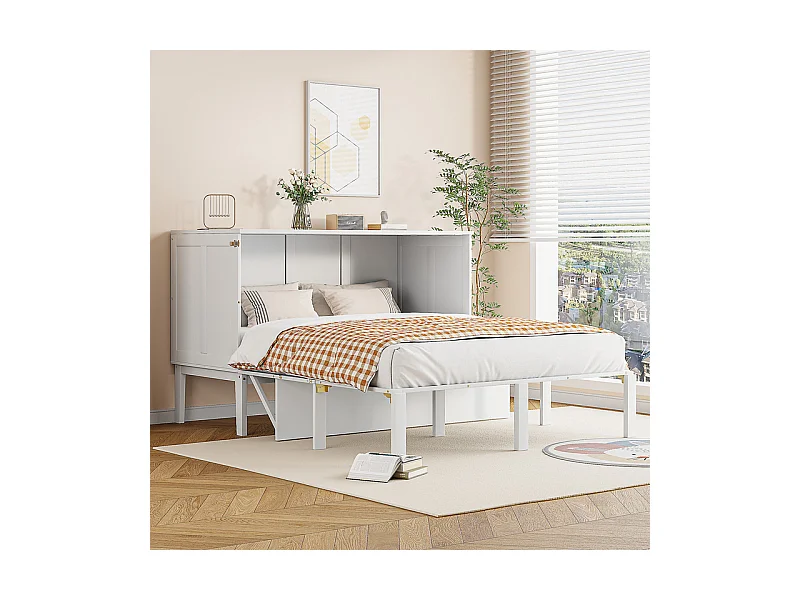 Lit escamotable 140 x 200 cm - avec cadre à latte - bois - charge max 200kg - Blanc