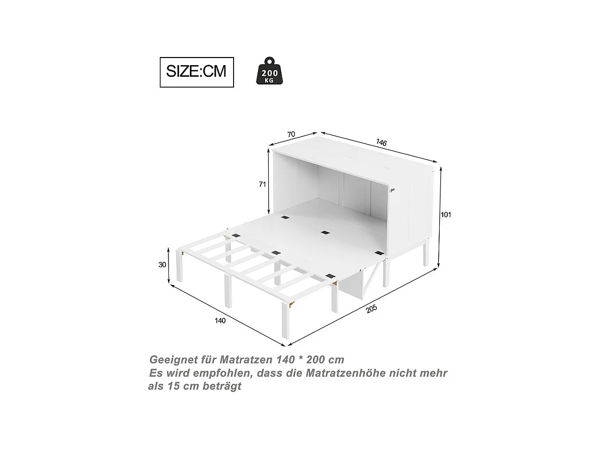 Lit escamotable 140 x 200 cm - avec cadre à latte - bois - charge max 200kg - Blanc