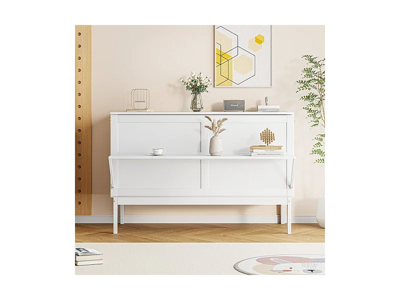 Lit escamotable 140 x 200 cm - avec cadre à latte - bois - charge max 200kg - Blanc