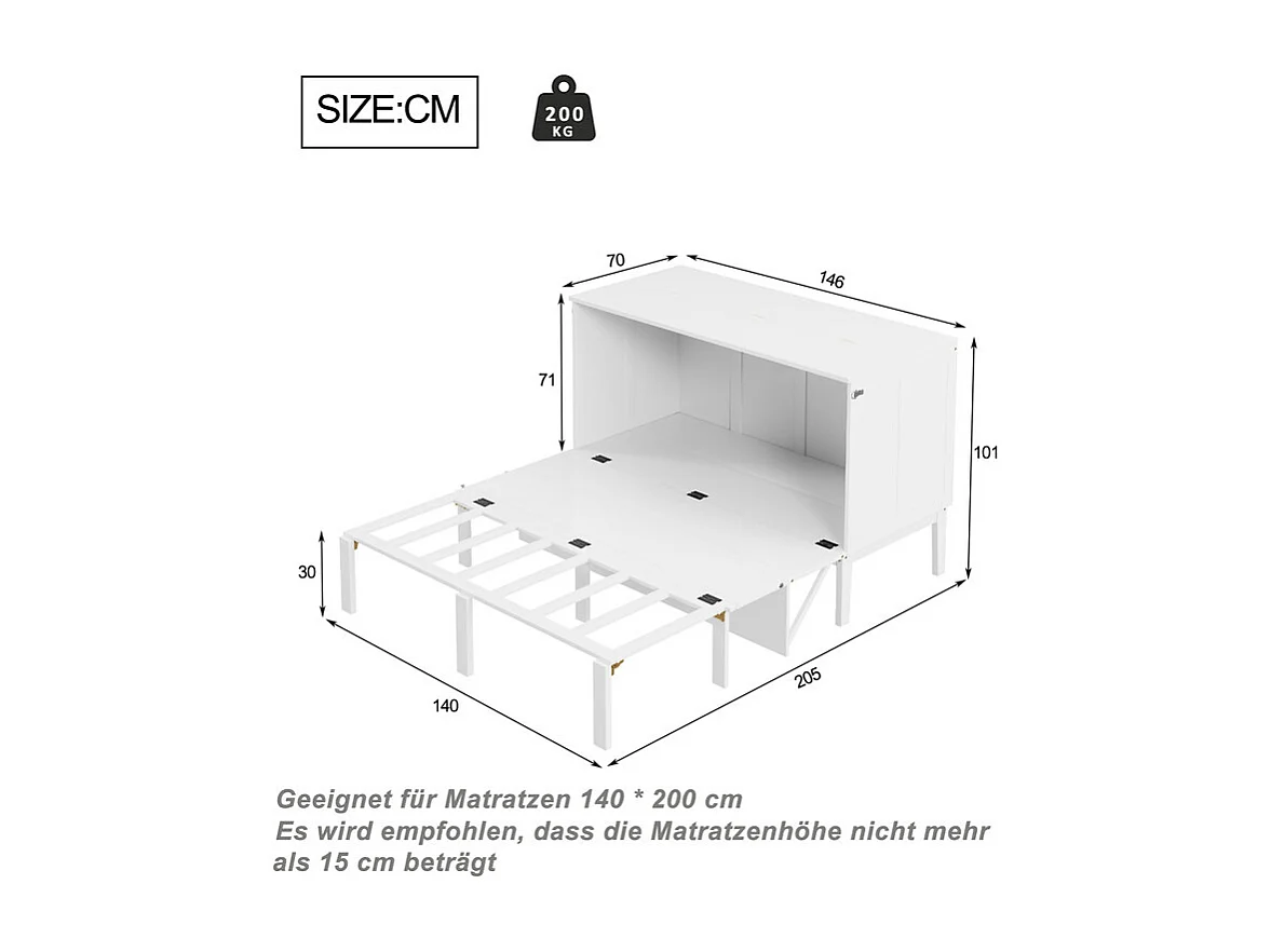 Lit escamotable 140 x 200 cm - avec cadre à latte - bois - charge max 200kg - Blanc