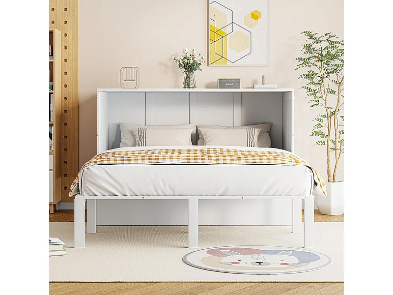 Lit escamotable 140 x 200 cm - avec cadre à latte - bois - charge max 200kg - Blanc