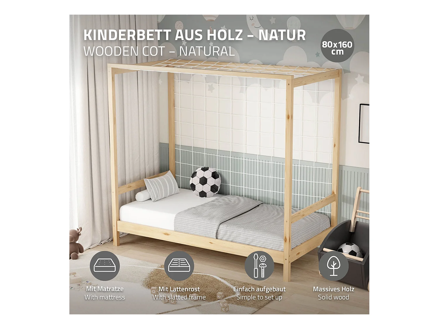 Lit d'enfant 80x160 cm avec matelas H10 cm en mousse cadre naturel en bois design football pin massif robuste avec sommier à lattes et filet de but