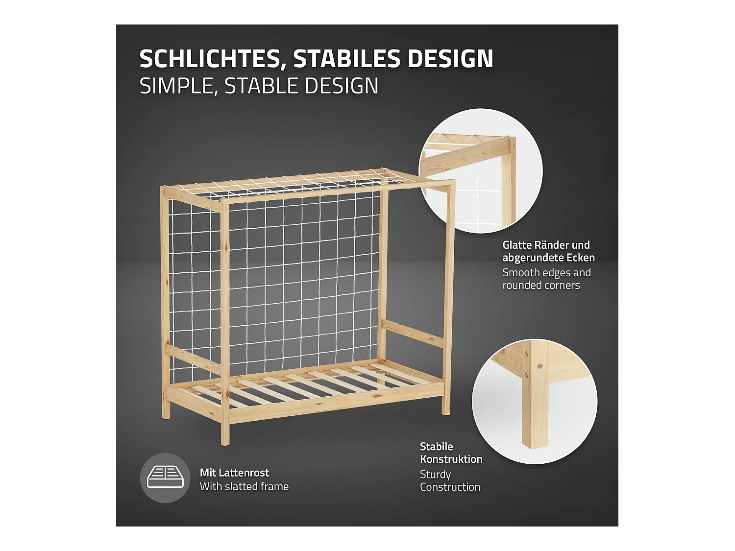 Lit d'enfant 80x160 cm avec matelas H10 cm en mousse cadre naturel en bois design football pin massif robuste avec sommier à lattes et filet de but