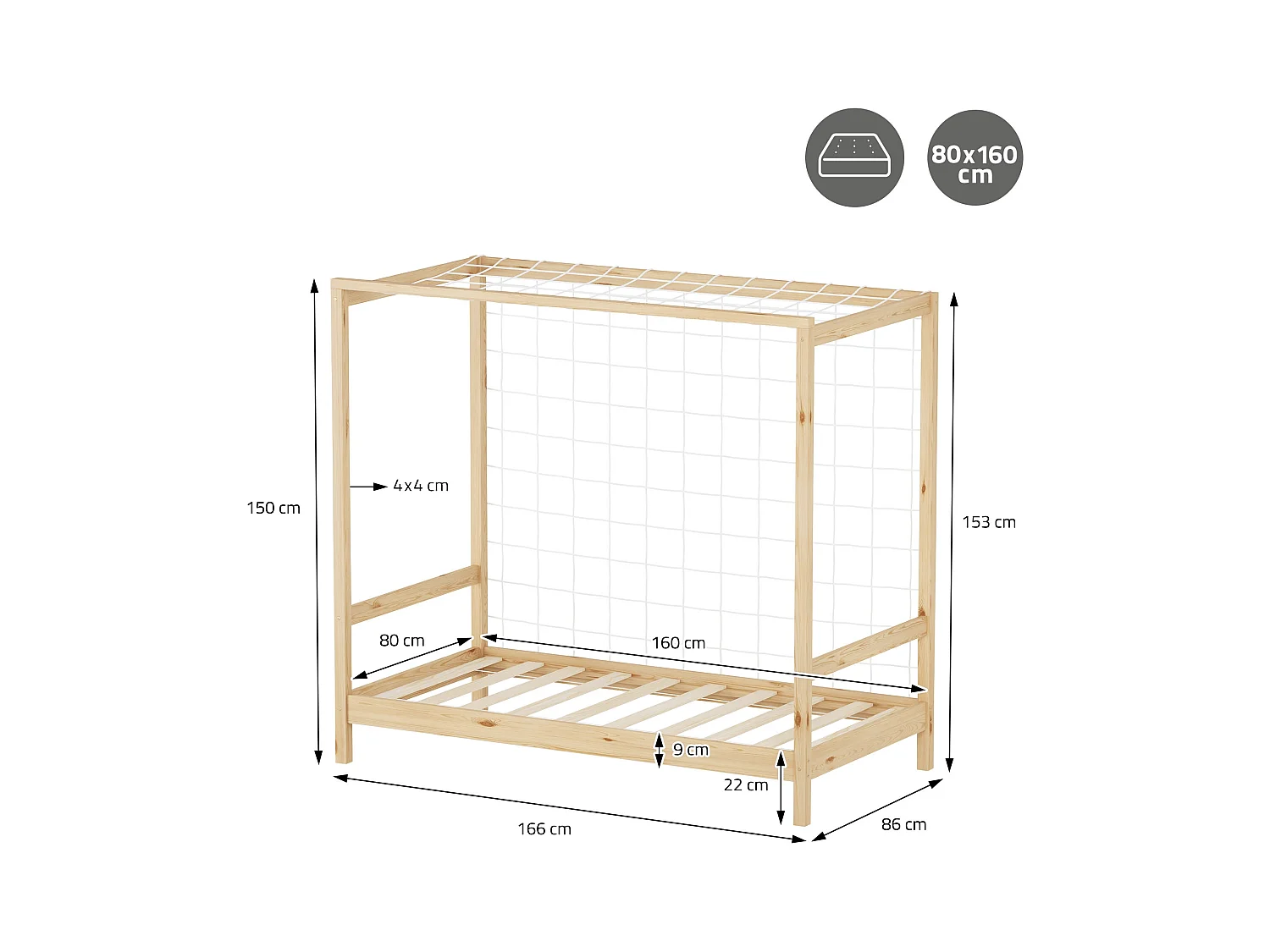 Lit d'enfant 80x160 cm avec matelas H10 cm en mousse cadre naturel en bois design football pin massif robuste avec sommier à lattes et filet de but