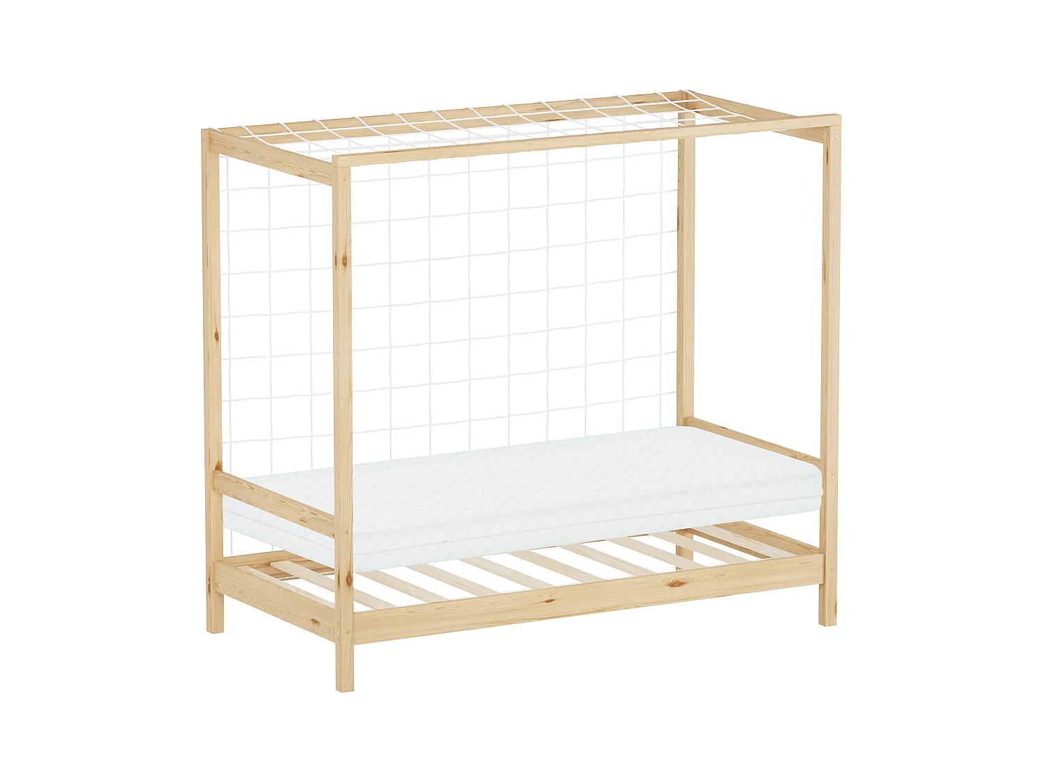ML-Design Cama infantil 80x160 cm + colchón 10cm en forma de portería de fútbol de madera de pino natural, cuna individual para niño con somier y red