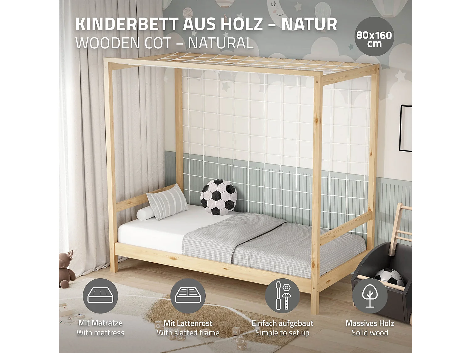 Lit d'enfant 80x160 cm avec matelas H10 cm en mousse cadre naturel en bois design football pin massif robuste avec sommier à lattes et filet de but