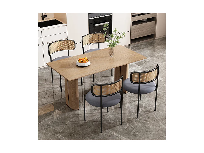 4 Pcs chaises en velours et rotin - pieds en métal - charge max 150kg - 45x40x75cm - Gris