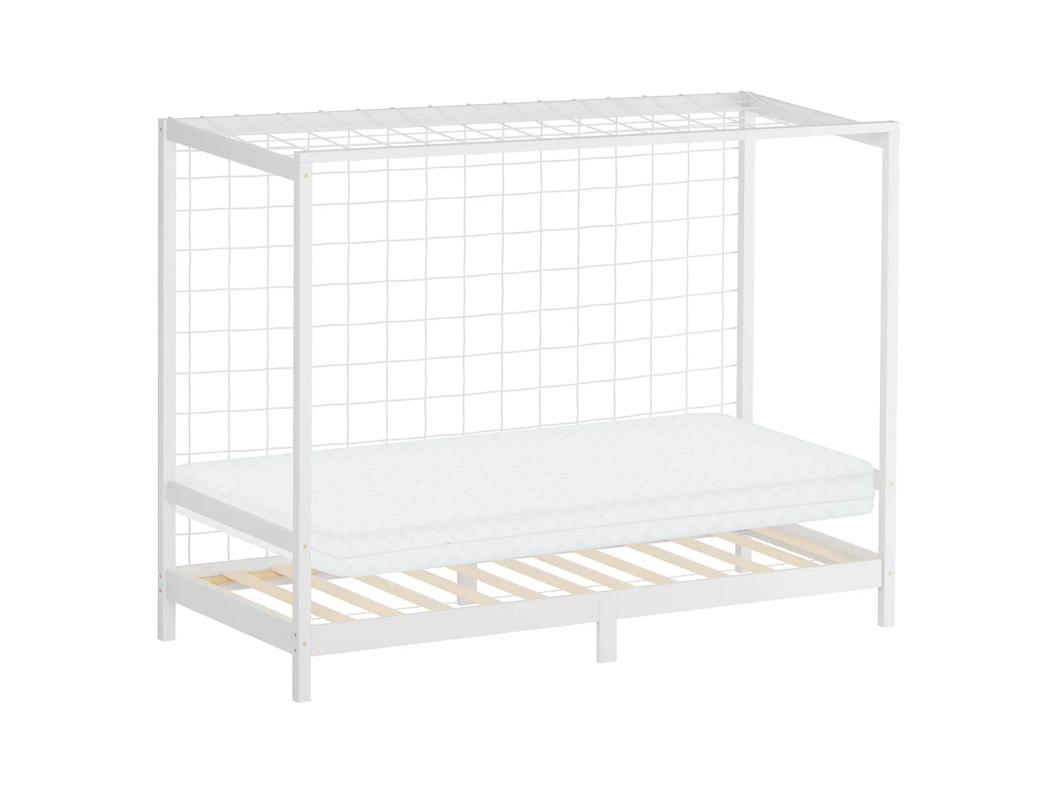 Lit d'enfant 90x200 cm avec matelas H10 cm en mousse cadre blanc en bois design football pin massif robuste avec sommier à lattes et filet de but