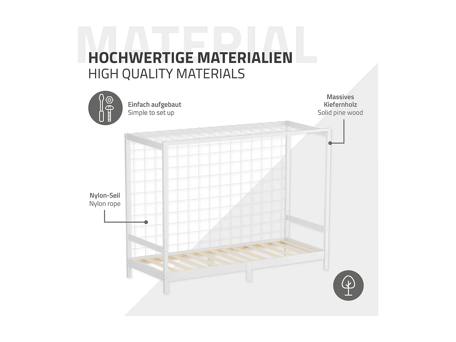 Lit d'enfant 90x200 cm avec matelas H10 cm en mousse cadre blanc en bois design football pin massif robuste avec sommier à lattes et filet de but