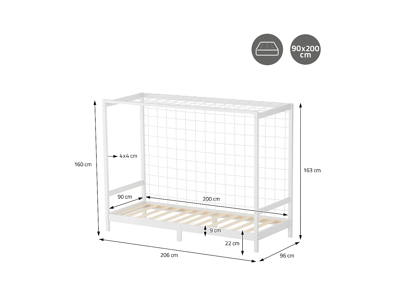 Lit d'enfant 90x200 cm avec matelas H10 cm en mousse cadre blanc en bois design football pin massif robuste avec sommier à lattes et filet de but