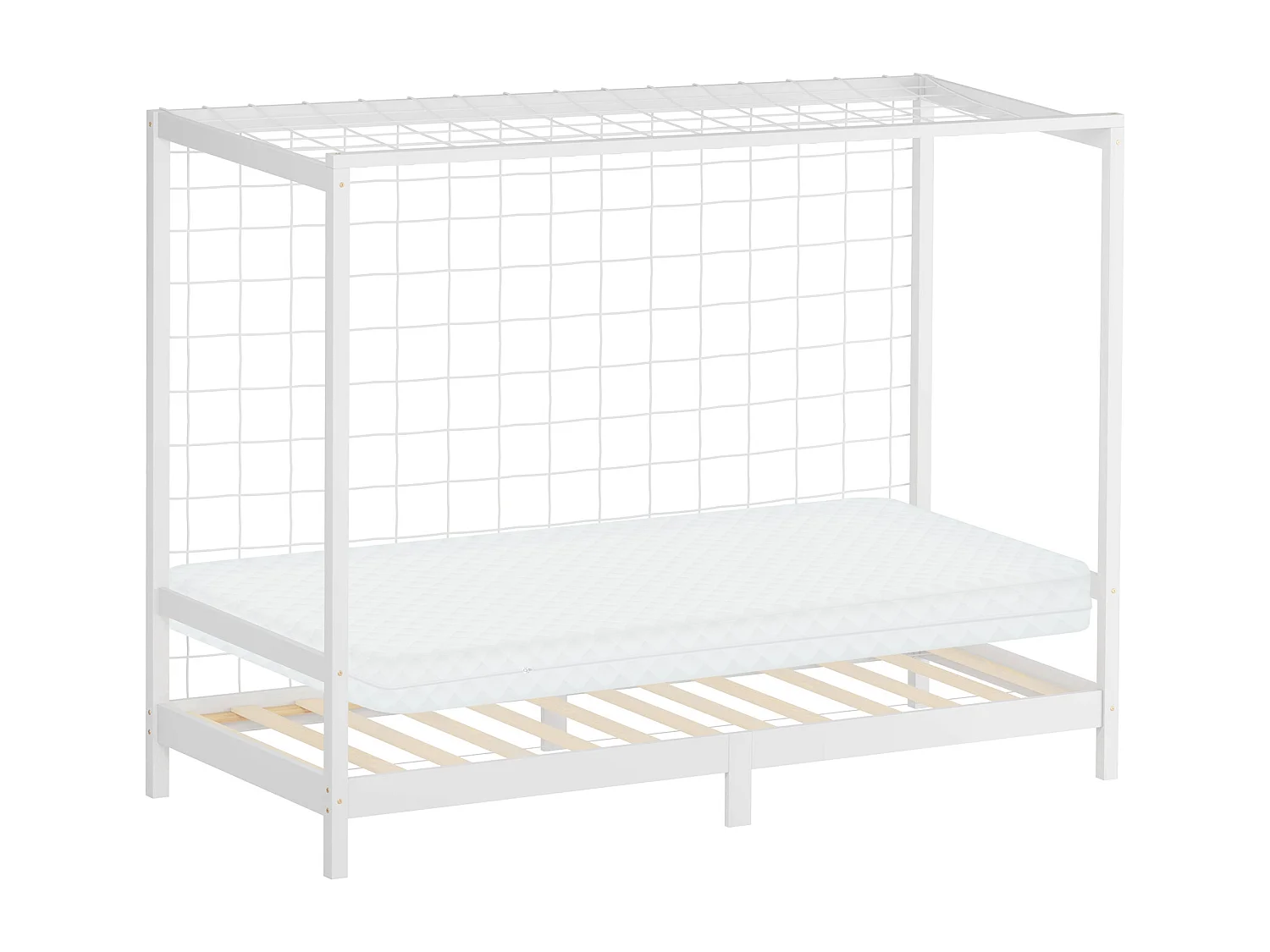 Lit d'enfant 90x200 cm avec matelas H10 cm en mousse cadre blanc en bois design football pin massif robuste avec sommier à lattes et filet de but