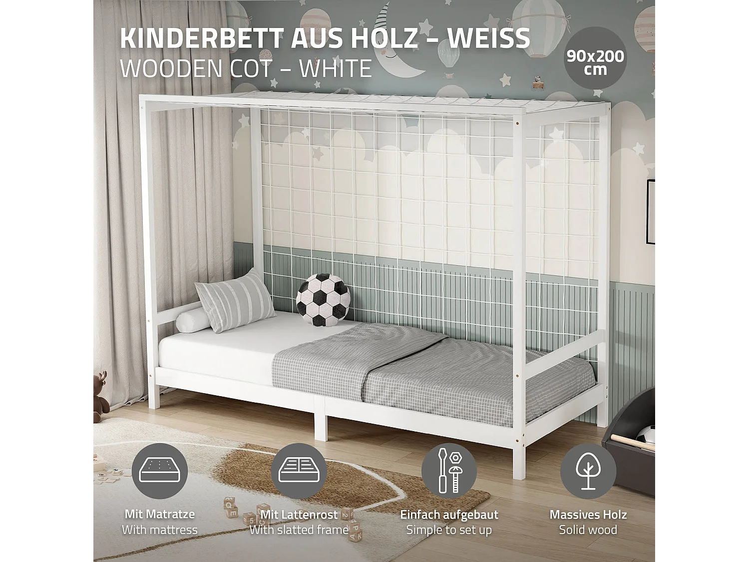 Lit d'enfant 90x200 cm avec matelas H10 cm en mousse cadre blanc en bois design football pin massif robuste avec sommier à lattes et filet de but