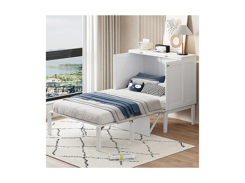 Lit escamotable 90x200 cm en bois - avec sommier à lattes - charge max 150kg - Blanc