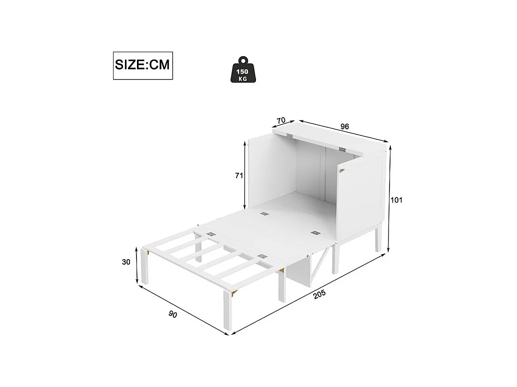 Lit escamotable 90x200 cm en bois - avec sommier à lattes - charge max 150kg - Blanc
