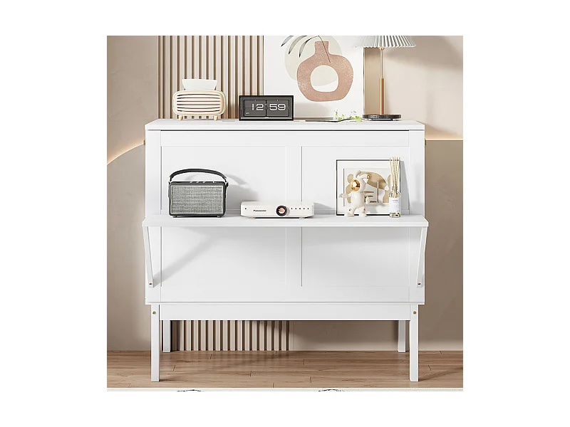 Lit escamotable 90x200 cm en bois - avec sommier à lattes - charge max 150kg - Blanc