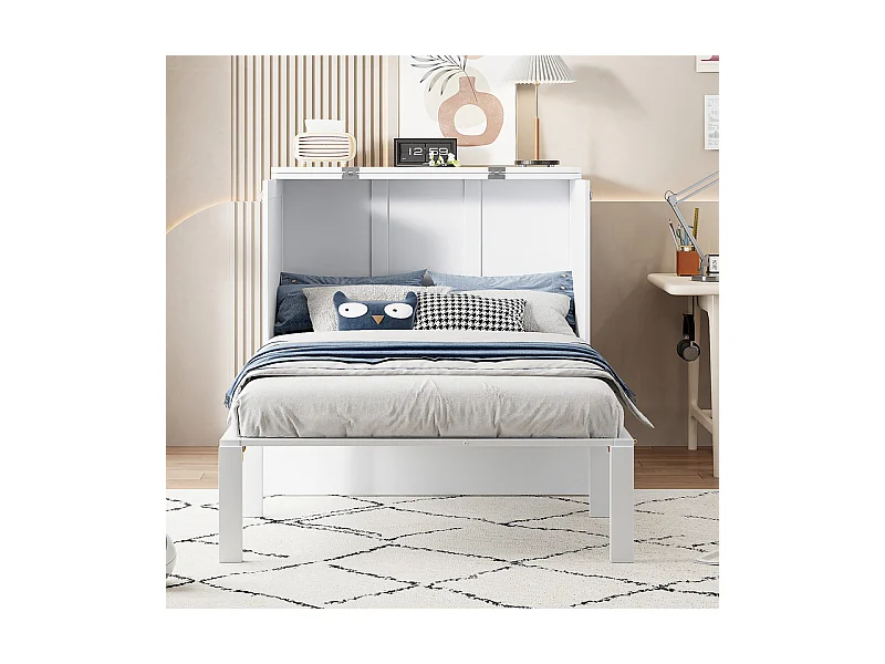 Lit escamotable 90x200 cm en bois - avec sommier à lattes - charge max 150kg - Blanc