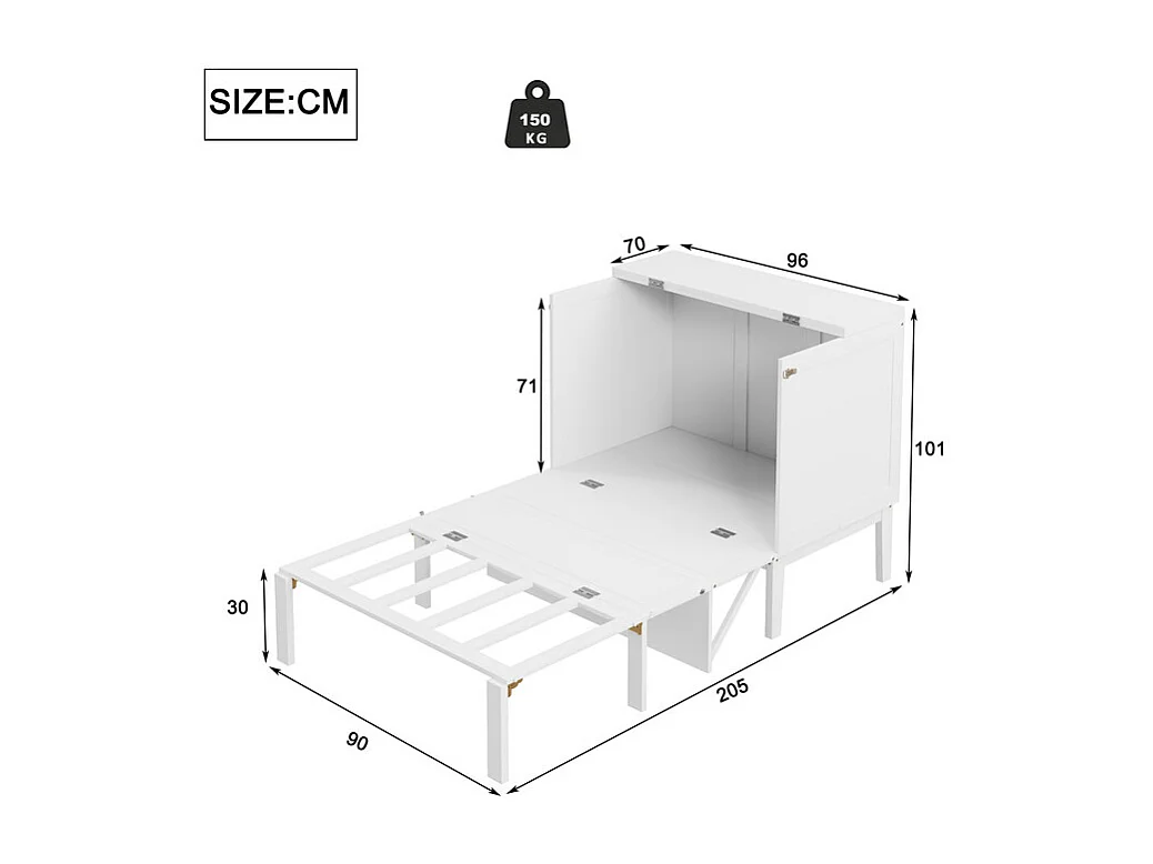 Lit escamotable 90x200 cm en bois - avec sommier à lattes - charge max 150kg - Blanc