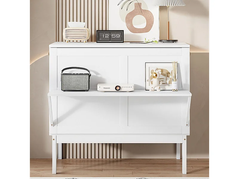 Lit escamotable 90x200 cm en bois - avec sommier à lattes - charge max 150kg - Blanc