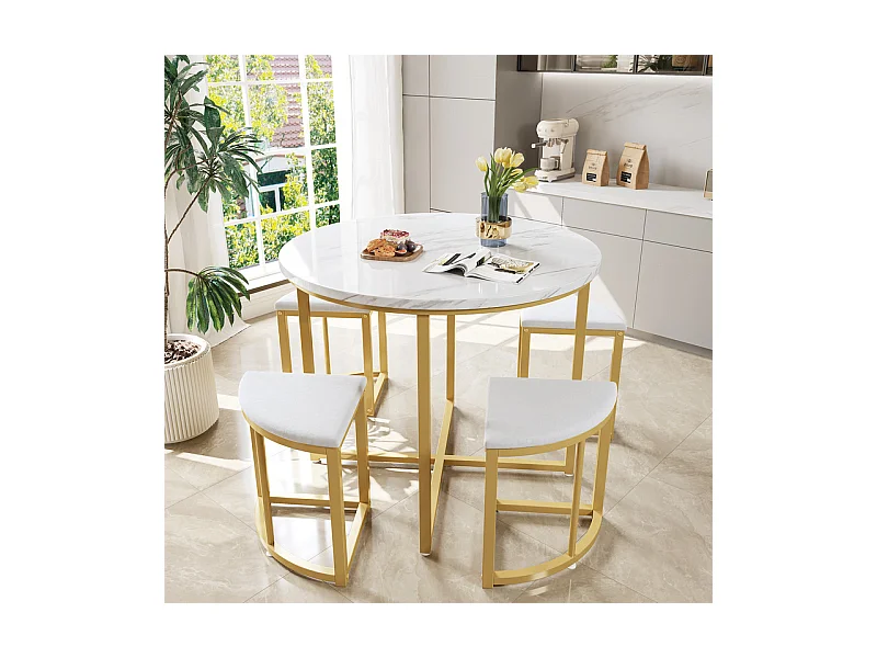 Ensemble table ronde et 4 chaises en velours blanc, MDF + cadres en fer doré, table à manger 80 x 80 x 75cm