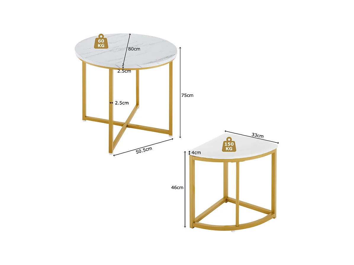 Ensemble table ronde et 4 chaises en velours blanc, MDF + cadres en fer doré, table à manger 80 x 80 x 75cm