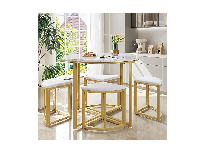 Ensemble table ronde et 4 chaises en velours blanc, MDF + cadres en fer doré, table à manger 80 x 80 x 75cm