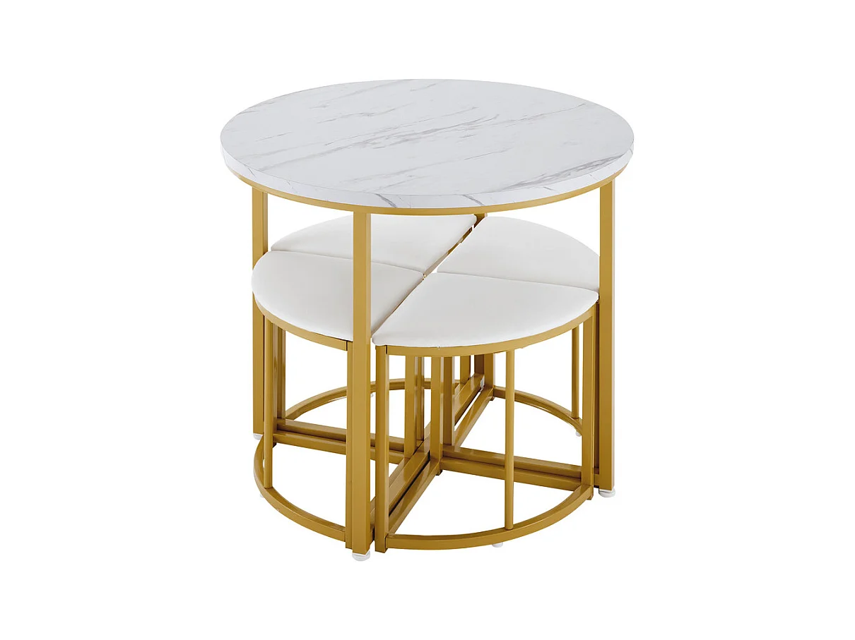 Ensemble table ronde et 4 chaises en velours blanc, MDF + cadres en fer doré, table à manger 80 x 80 x 75cm