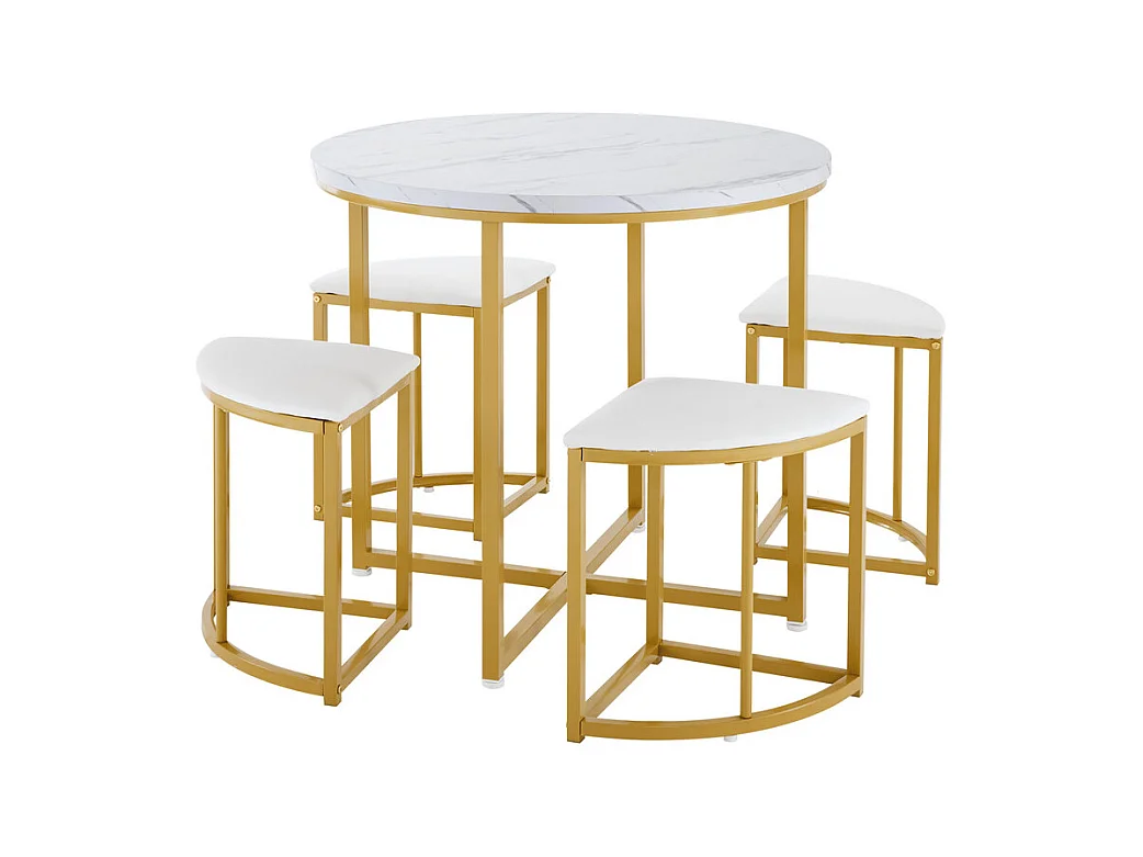 Ensemble table ronde et 4 chaises en velours blanc, MDF + cadres en fer doré, table à manger 80 x 80 x 75cm