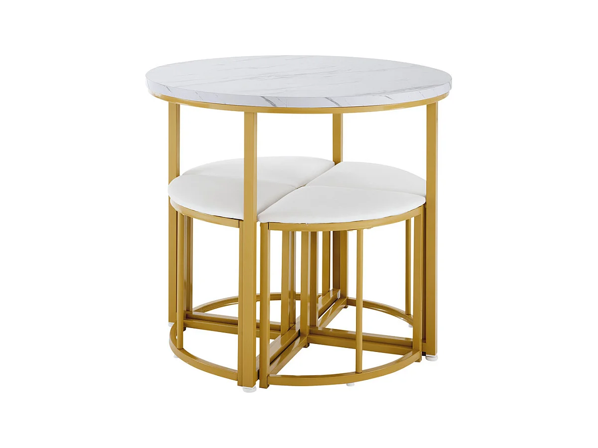 Ensemble table ronde et 4 chaises en velours blanc, MDF + cadres en fer doré, table à manger 80 x 80 x 75cm