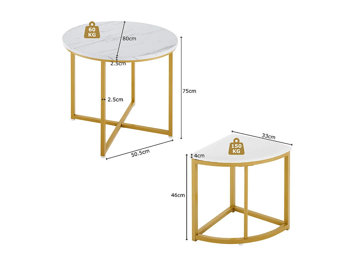 Ensemble table ronde et 4 chaises en velours blanc, MDF + cadres en fer doré, table à manger 80 x 80 x 75cm
